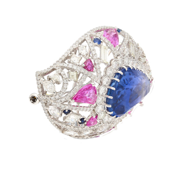 GIA Certified High Jewelry Sapphire and Diamond Eye Motif Pendant-Brooch