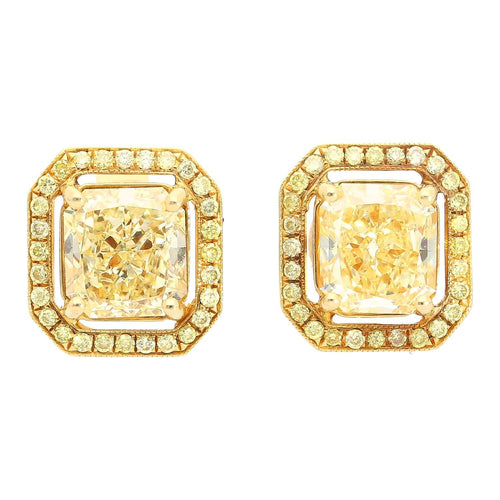 GIA Certified Natural 3 Carat TW Fancy Yellow Diamond Radiant Cut Stud Earrings in 18K Gold-Earrings-ASSAY