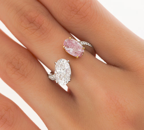 GIA Certified Oval Cut Fancy Orangy Pink & White Diamond Toi Et Moi 18K Ring