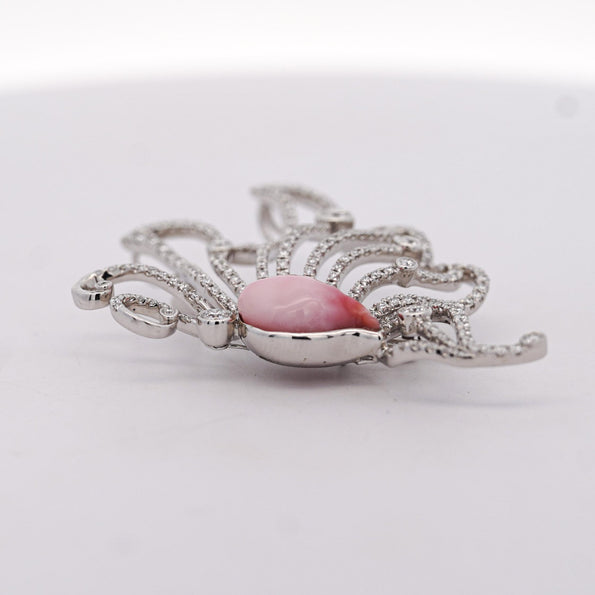 GIA Certified Pink Natural Saltwater Conch Pearl & Diamond Platinum Brooch
