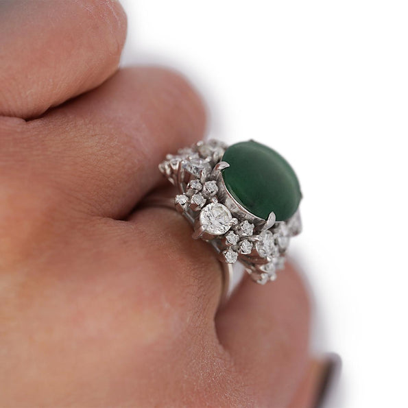 GIA Certified Type A Jadeite Jade & Old Cut Diamond 18K Gold Halo Starburst Ring