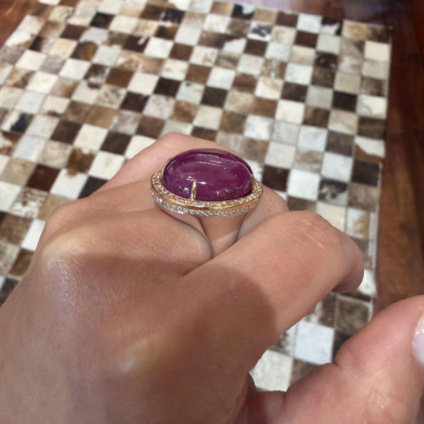 GRS Certified 48 Carat Star Ruby Cabochon & Diamond in 18K Rose Gold Halo Ring