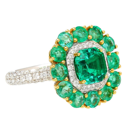 GRS Certified 4.93 Carat Emerald & Diamond 18K Gold Floral Cluster Cocktail Ring
