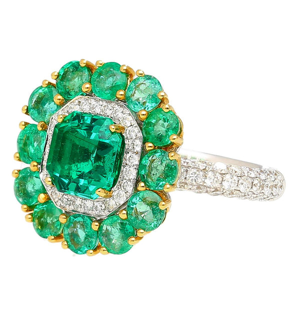 GRS Certified 4.93 Carat Emerald & Diamond 18K Gold Floral Cluster Cocktail Ring