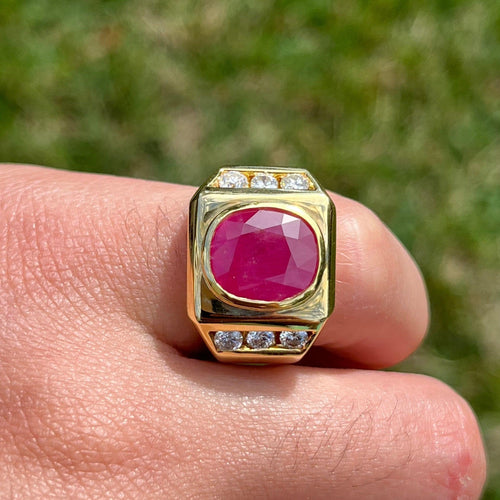 GRS Certified 6.2 Carat Ruby & Diamond Bezel Set 14K Gold Gypsy Style Mens Ring