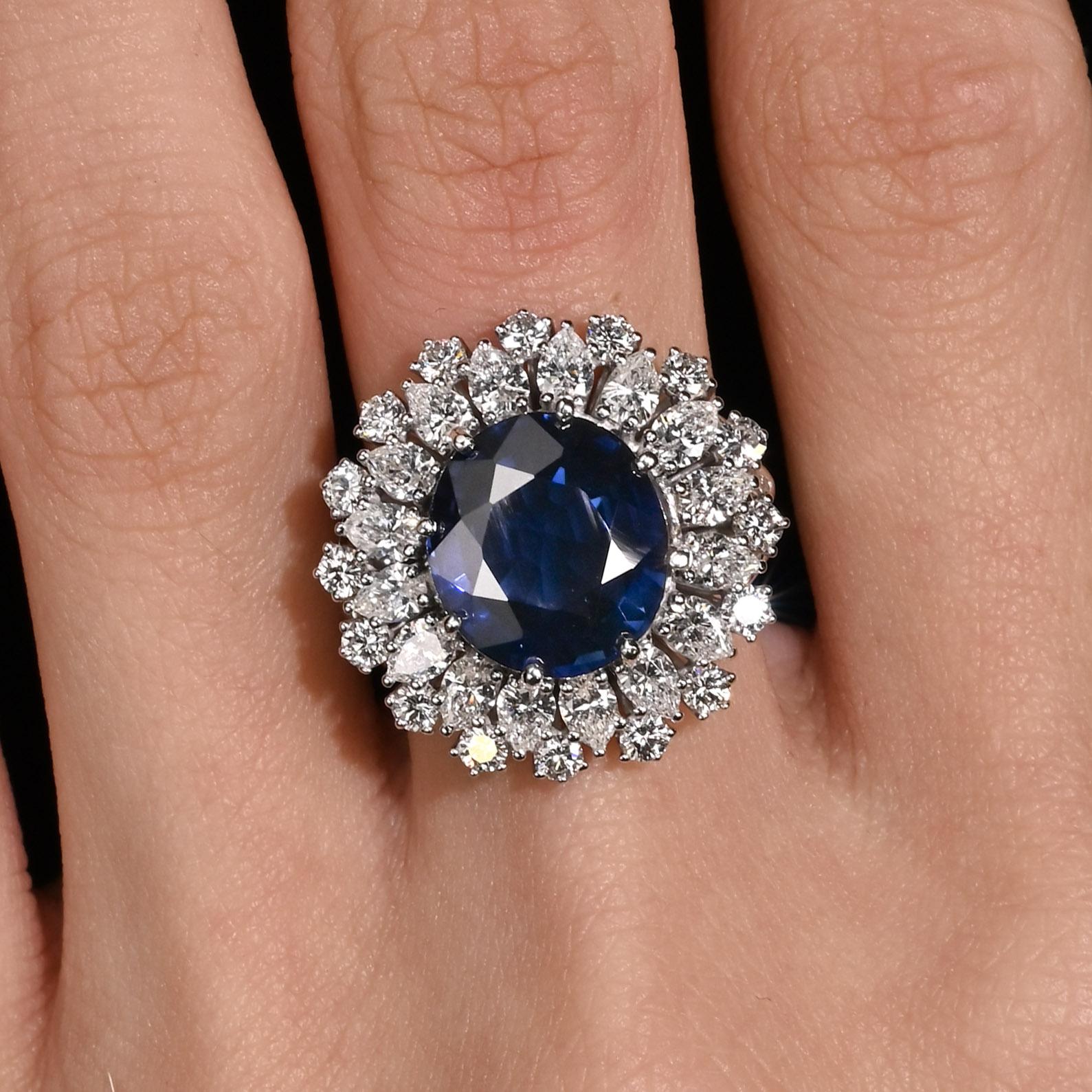 GRS Certified 7.15 Carat Vivid Blue Sapphire & Diamond 18K Ring