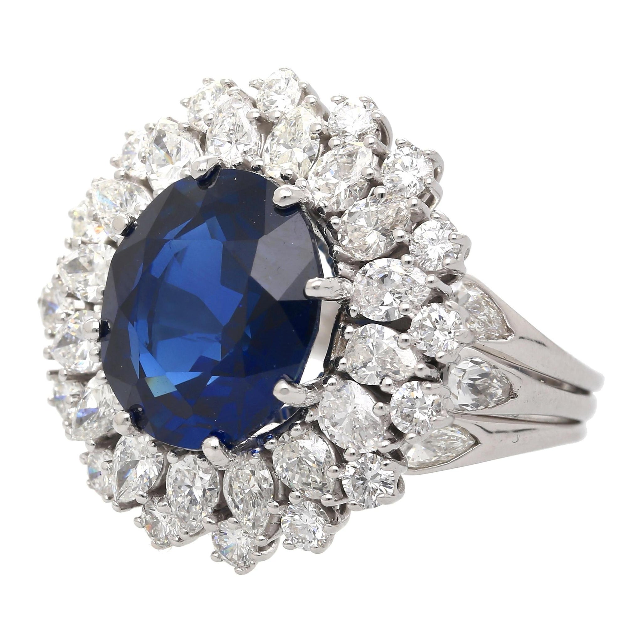 GRS Certified 7.15 Carat Vivid Blue Sapphire & Diamond 18K Ring