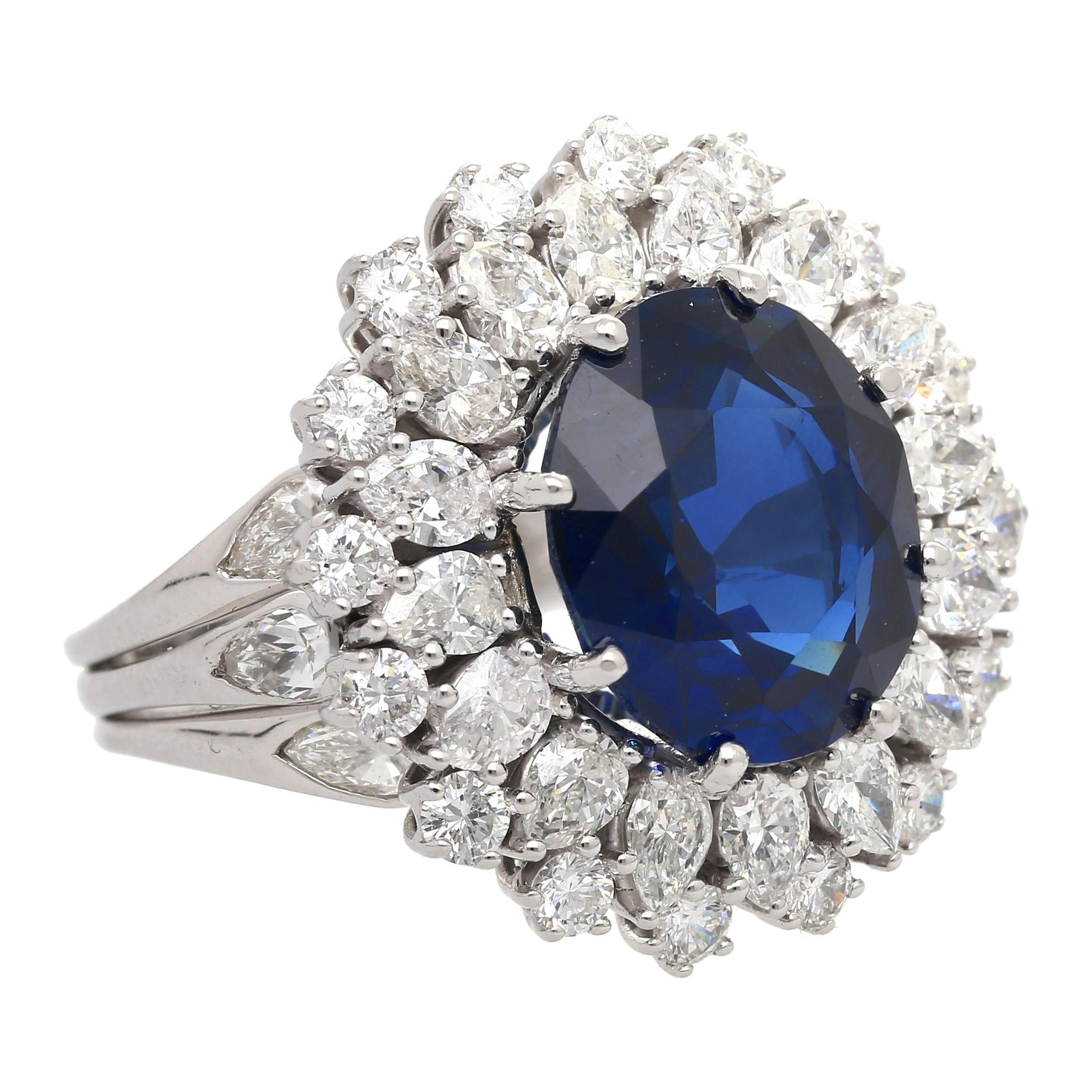 GRS Certified 7.15 Carat Vivid Blue Sapphire & Diamond 18K Ring