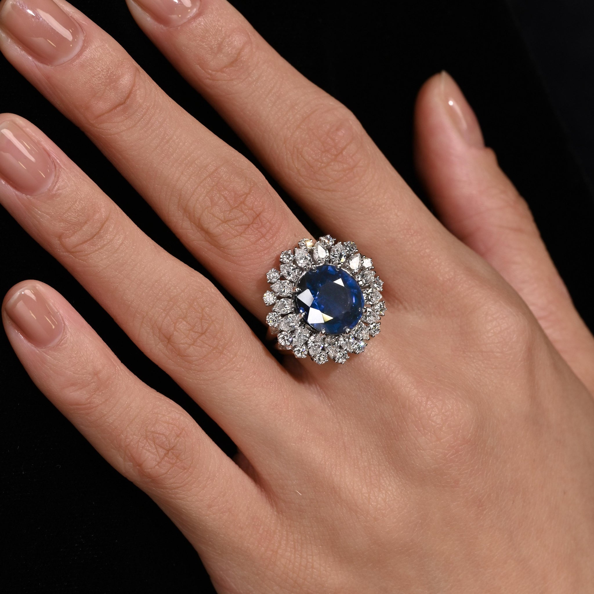 GRS Certified 7.15 Carat Vivid Blue Sapphire & Diamond 18K Ring