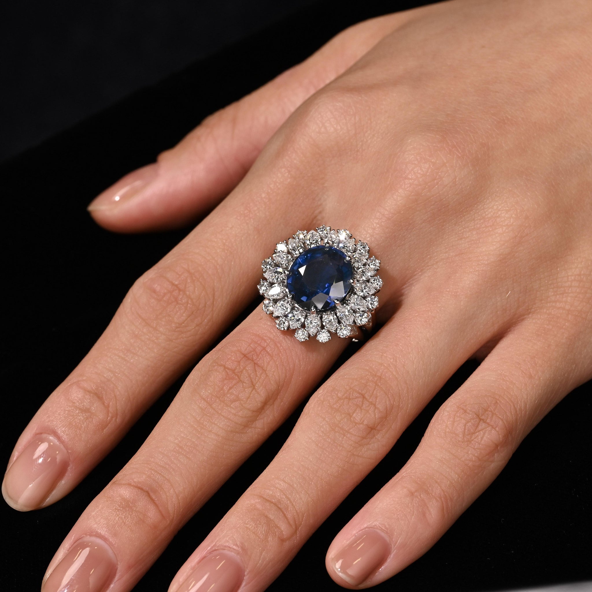 GRS Certified 7.15 Carat Vivid Blue Sapphire & Diamond 18K Ring