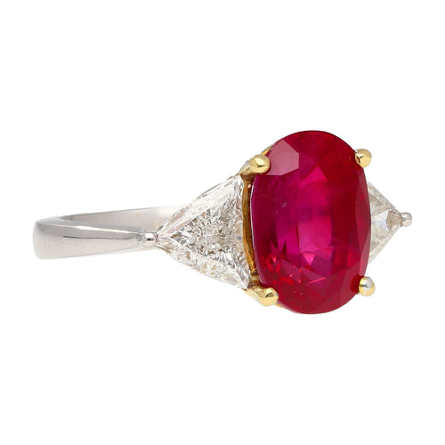 Gubelin Certified 4.47 Oval Cut Ruby with Trillion Cut Diamond Sides in 18K White Gold Ring