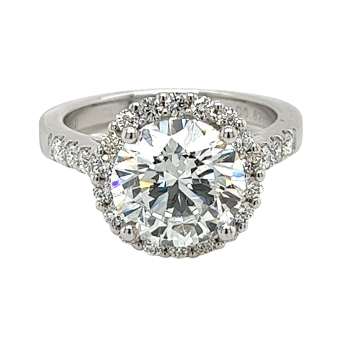 IGI Certified 3.35 Carat Round Cut Lab Grown CVD Diamond In Basket Cathedral Diamond Halo Ring