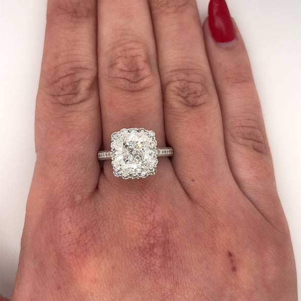 Bague diamant de laboratoire taille radiant 5 carats F/VS1, certifiée IGI, halo semi-pavé