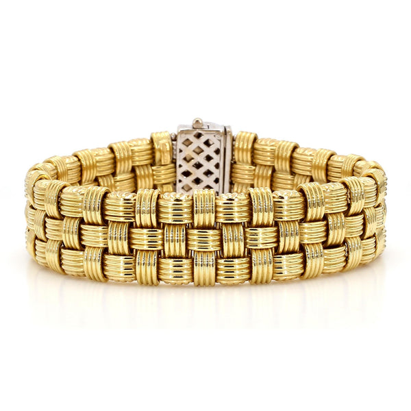 Italian 18K Gold Diamond Pave Clasp Woven Basket Bracelet