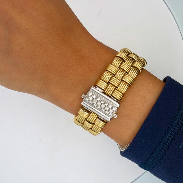 Italian 18K Gold Diamond Pave Clasp Woven Basket Bracelet