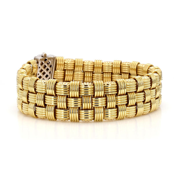 Italian 18K Gold Diamond Pave Clasp Woven Basket Bracelet