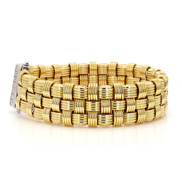 Italian 18K Gold Diamond Pave Clasp Woven Basket Bracelet