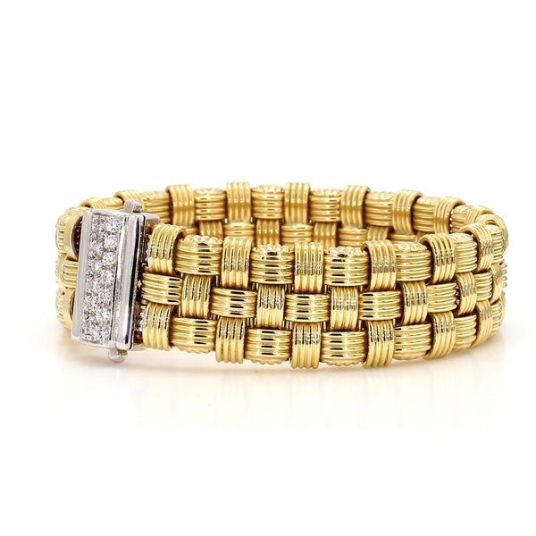 Italian 18K Gold Diamond Pave Clasp Woven Basket Bracelet