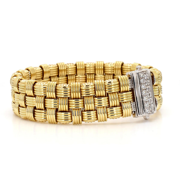 Italian 18K Gold Diamond Pave Clasp Woven Basket Bracelet
