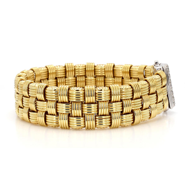 Italian 18K Gold Diamond Pave Clasp Woven Basket Bracelet