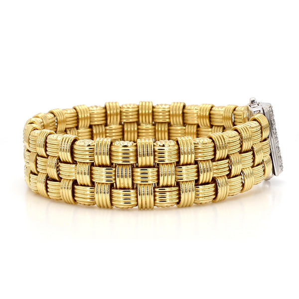 Italian 18K Gold Diamond Pave Clasp Woven Basket Bracelet