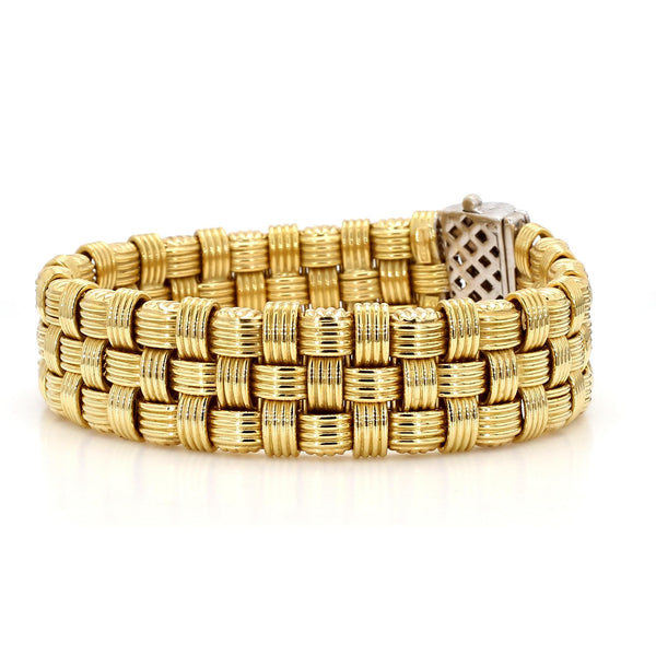 Italian 18K Gold Diamond Pave Clasp Woven Basket Bracelet