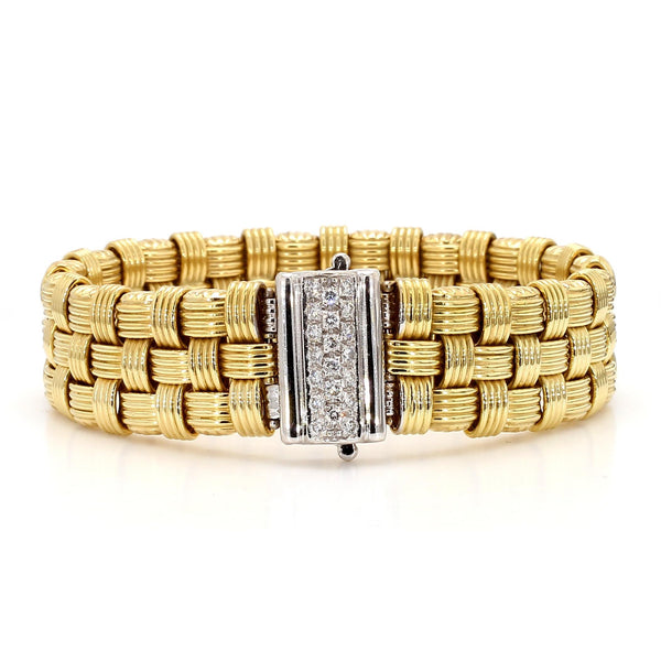 Italian 18K Gold Diamond Pave Clasp Woven Basket Bracelet