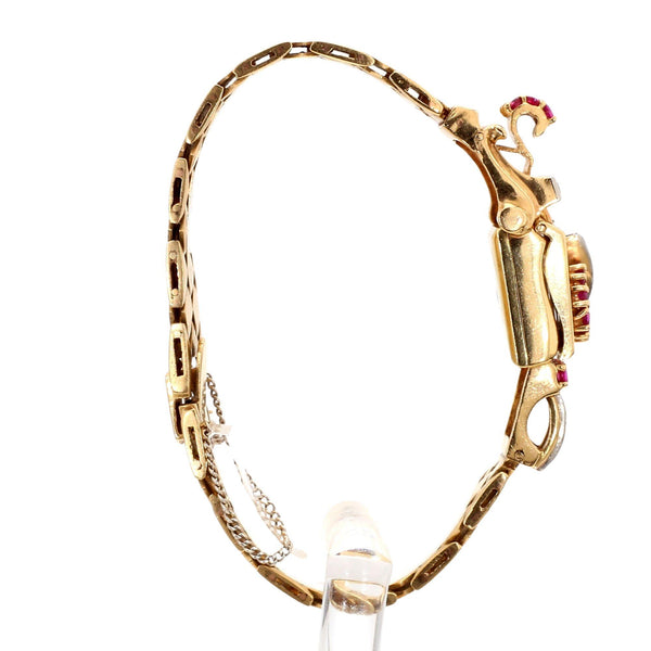 Mercedes Signed 14K Gold Ruby & Diamond Art Deco Hidden Watch Bracelet
