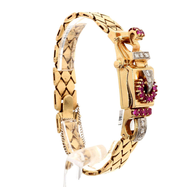 Mercedes Signed 14K Gold Ruby & Diamond Art Deco Hidden Watch Bracelet