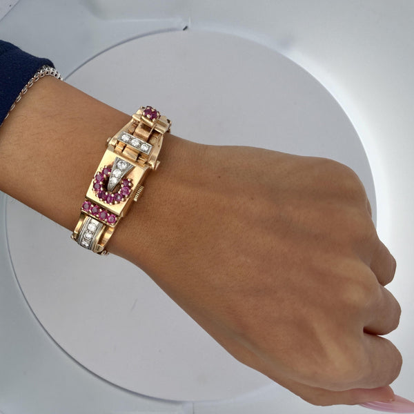Mercedes Signed 14K Gold Ruby & Diamond Art Deco Hidden Watch Bracelet