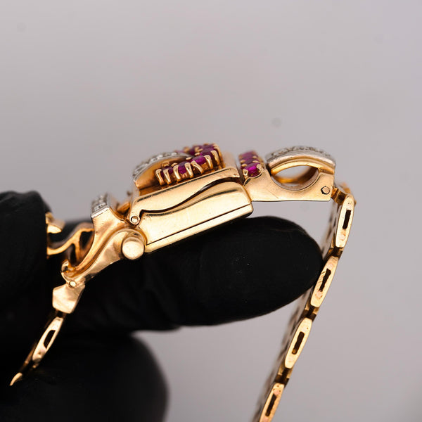 Mercedes Signed 14K Gold Ruby & Diamond Art Deco Hidden Watch Bracelet