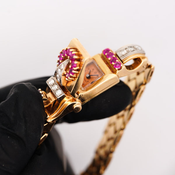 Mercedes Signed 14K Gold Ruby & Diamond Art Deco Hidden Watch Bracelet