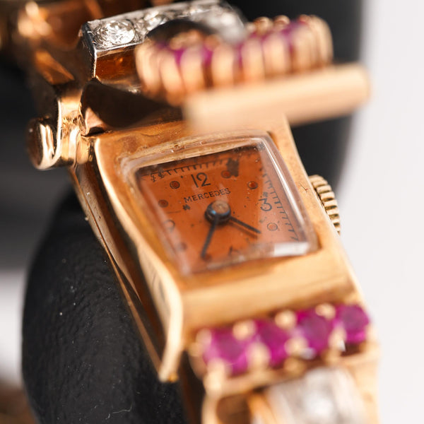 Mercedes Signed 14K Gold Ruby & Diamond Art Deco Hidden Watch Bracelet