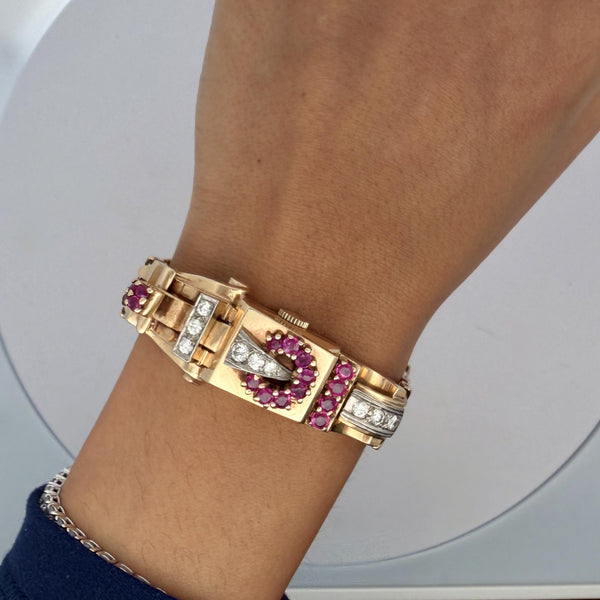 Mercedes Signed 14K Gold Ruby & Diamond Art Deco Hidden Watch Bracelet