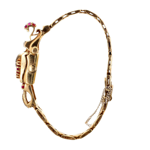 Mercedes Signed 14K Gold Ruby & Diamond Art Deco Hidden Watch Bracelet
