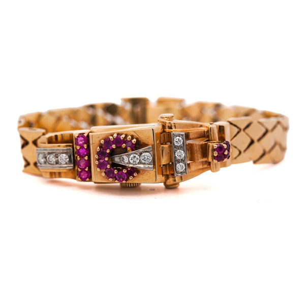 Mercedes Signed 14K Gold Ruby & Diamond Art Deco Hidden Watch Bracelet