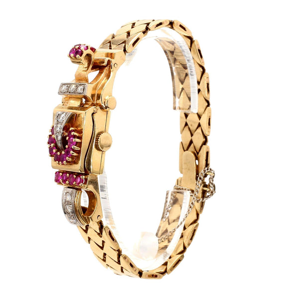 Mercedes Signed 14K Gold Ruby & Diamond Art Deco Hidden Watch Bracelet