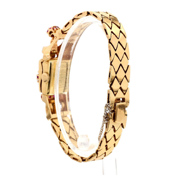 Mercedes Signed 14K Gold Ruby & Diamond Art Deco Hidden Watch Bracelet