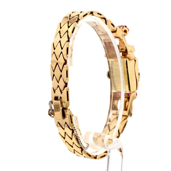Mercedes Signed 14K Gold Ruby & Diamond Art Deco Hidden Watch Bracelet