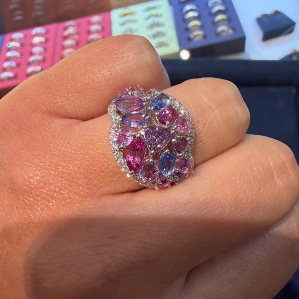 Multicolor Sapphire Pear Marquise Mix & Diamond Cluster 18K White Gold Dome Ring