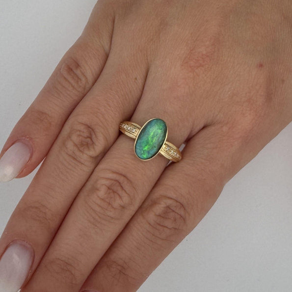 Natural 0.12 Carat Diamond with Black Opal Doublet in 18K & 14K Yellow Gold Ring