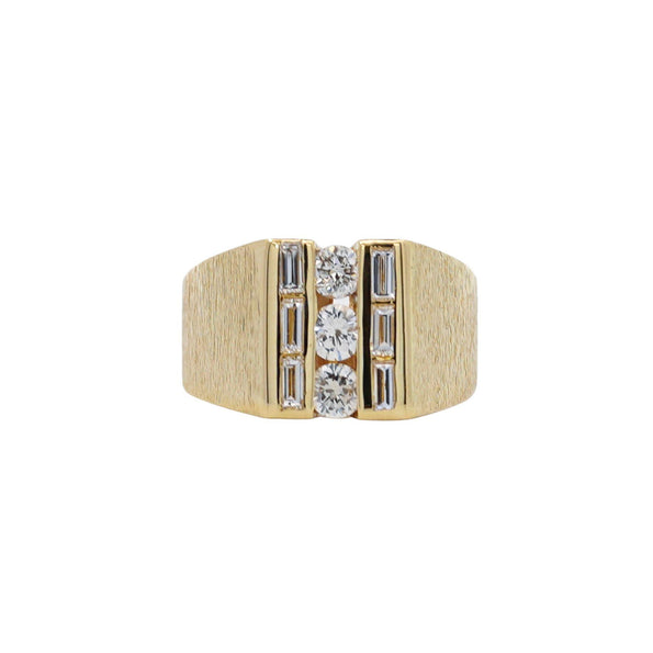 Natural 1 Carat Round & Baguette Cut Diamond in 18K Yellow Gold Matte Mens Ring