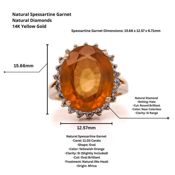 Natural 11.03 Carat Oval Spessartine Garnet Diamond Halo 14K Yellow Gold Ring