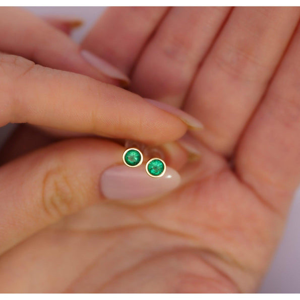 Natural 1/2 Carat Bezel Prong Emerald Stud Earrings 14K Gold