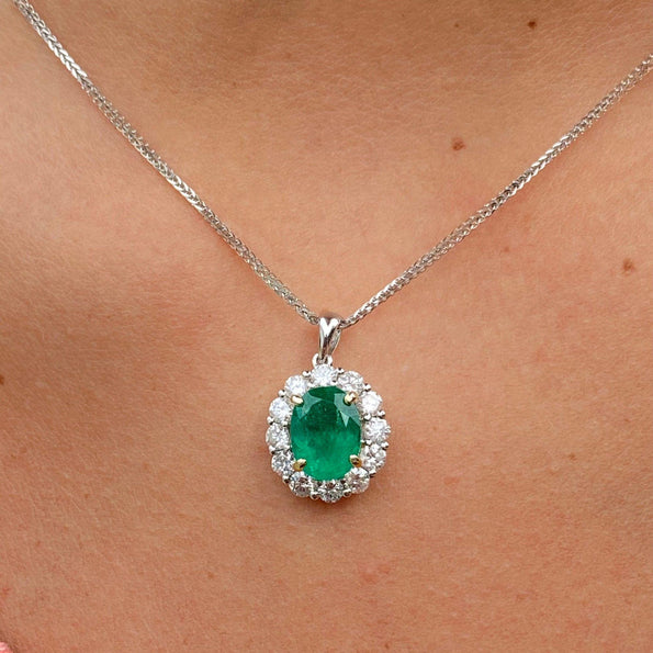 Natural 3 Carat Emerald & Diamond Halo 14K White Gold Pendant