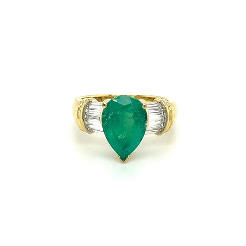 Natural 3.22 Carat Pear Cut Colombian Emerald With Baguette Diamond Side Stone Ring