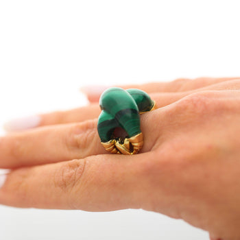 Natural Carved Malachite Quatrefoil Floral Dome Four-Prong 14K Yellow Gold Ring – Assay Jewelers
