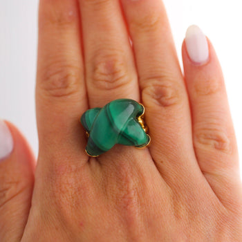 Natural Carved Malachite Quatrefoil Floral Dome Four-Prong 14K Yellow Gold Ring – Assay Jewelers