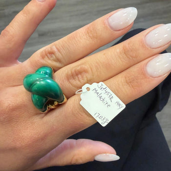Natural Carved Malachite Quatrefoil Floral Dome Four-Prong 14K Yellow Gold Ring – Assay Jewelers