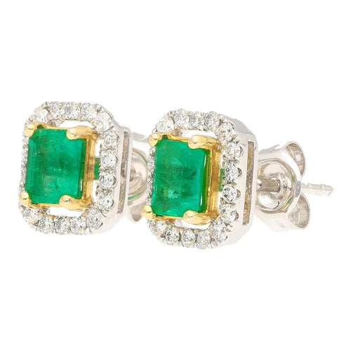 Natural Emerald and Diamond Halo Stud Earrings in 18K White Gold